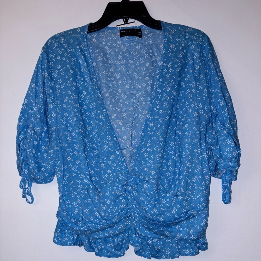 Asos Blue Floral Tie-Sleeve Wrap Crop Top - Picture 2 of 7